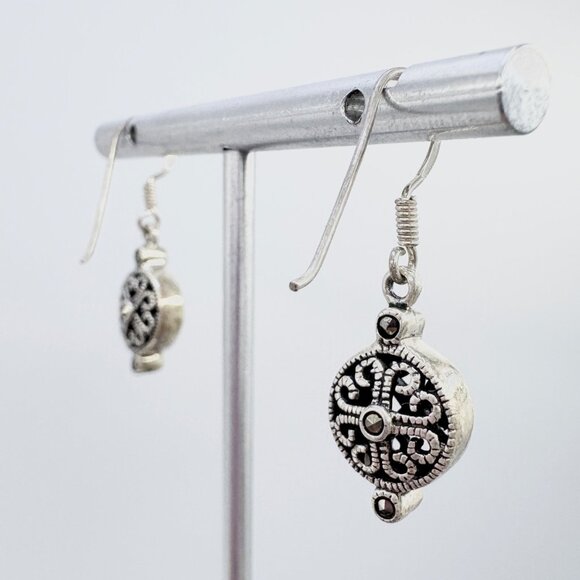Sterling Silver 925 Marcasite Scroll Design Dangle Earrings Size 1.25" Length - Picture 2 of 10